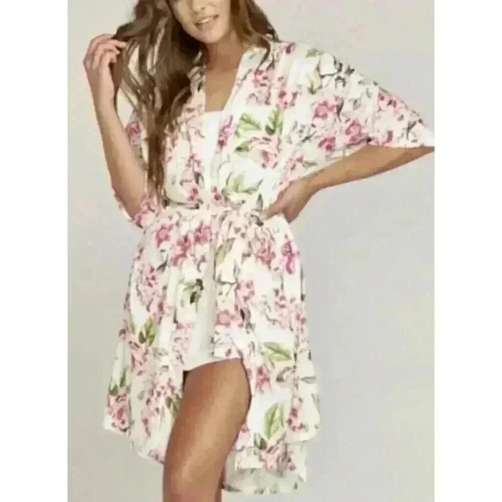 Show Me Your Mumu Brie Robe One Size Floral White Pink Wrap Scoop Kimono Belt - Picture 2 of 9